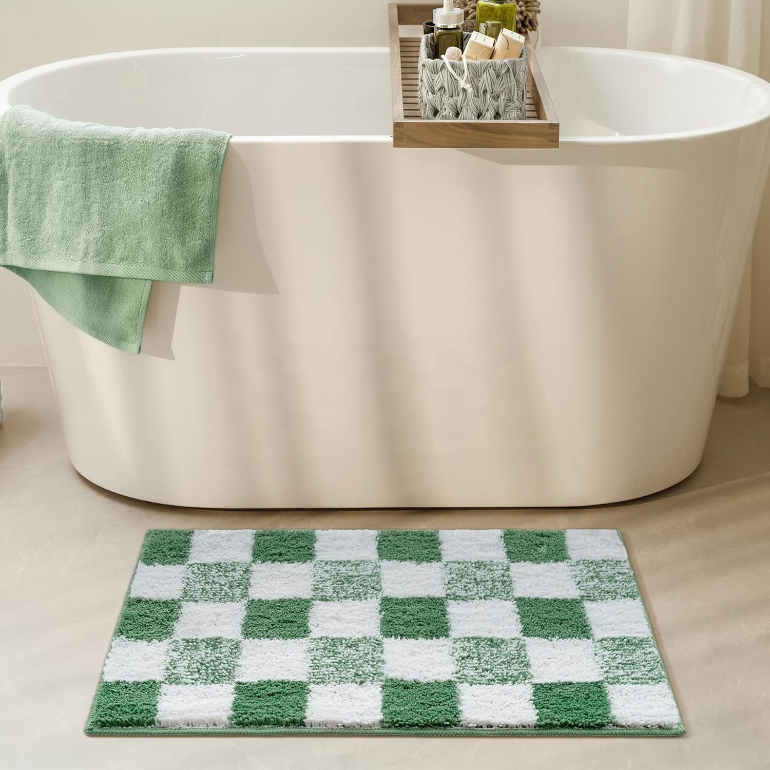 GRANNY SAYS Checkered Bathroom Rug, Absorbent Microfiber Ultra Soft Bath Mat Washable, Non-Slip Bath Rugs, 24" x 16", Green