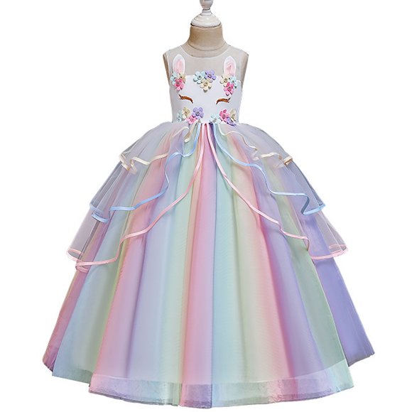 Girls Unicorn Dress Rainbow Fancy Princess Costume Tulle Party Dresses