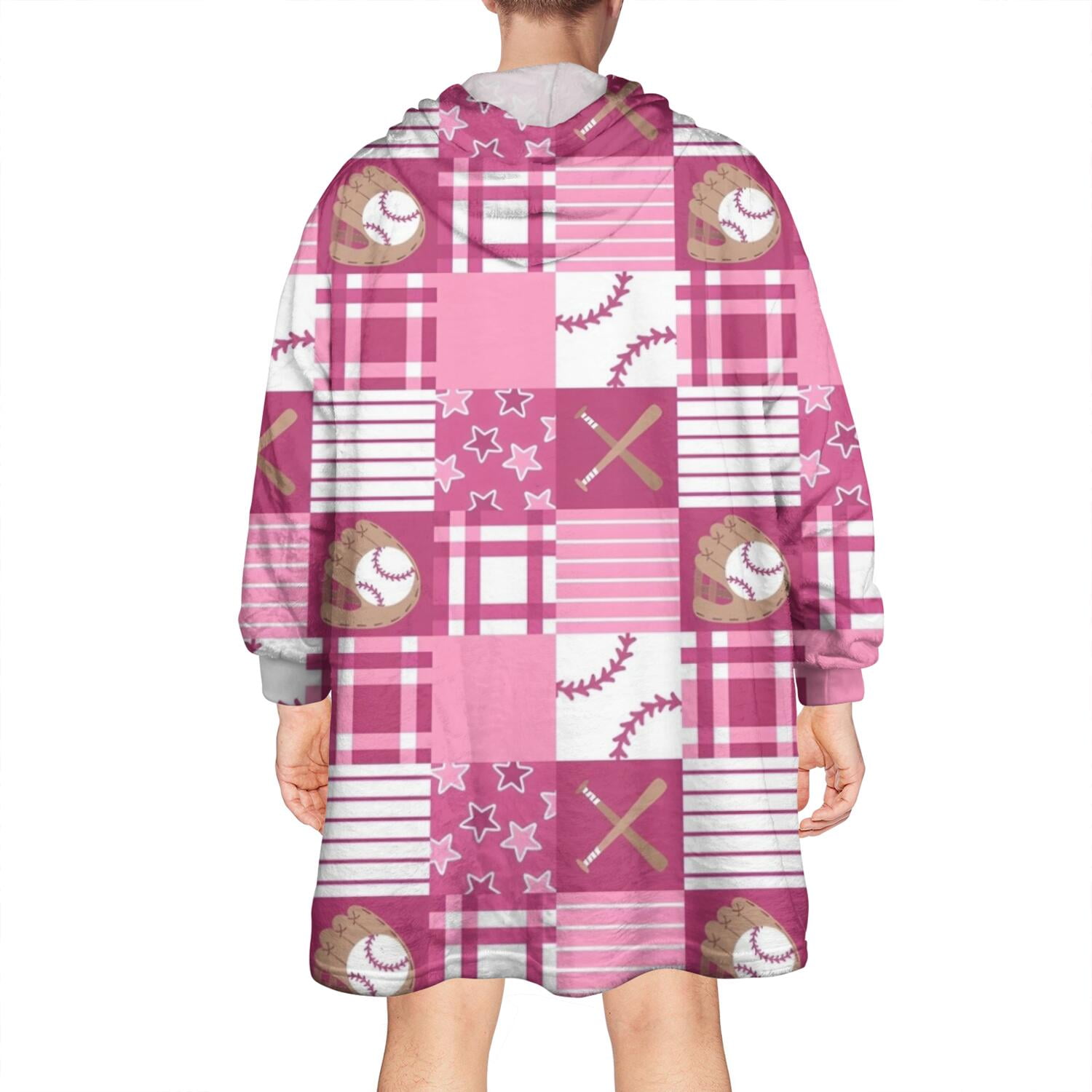 Pink Plaid Baseball Pattern Wearable Oversized Blanket,Wearable Blanket Hoodie for Adults,Cozy Hooded Blankets with Super Pockets,Super Warm Fuzzy Pullover for Women & Men