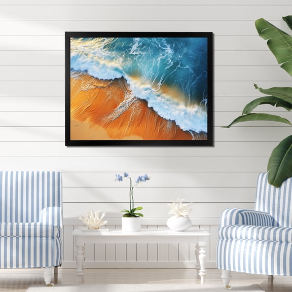 Designart "Vintage Appeal Blue and Orange Beach III" Coastal Framed Wall Art Decor - Coastal Blue Coastal Beach Entryway Framed Wall Art Print