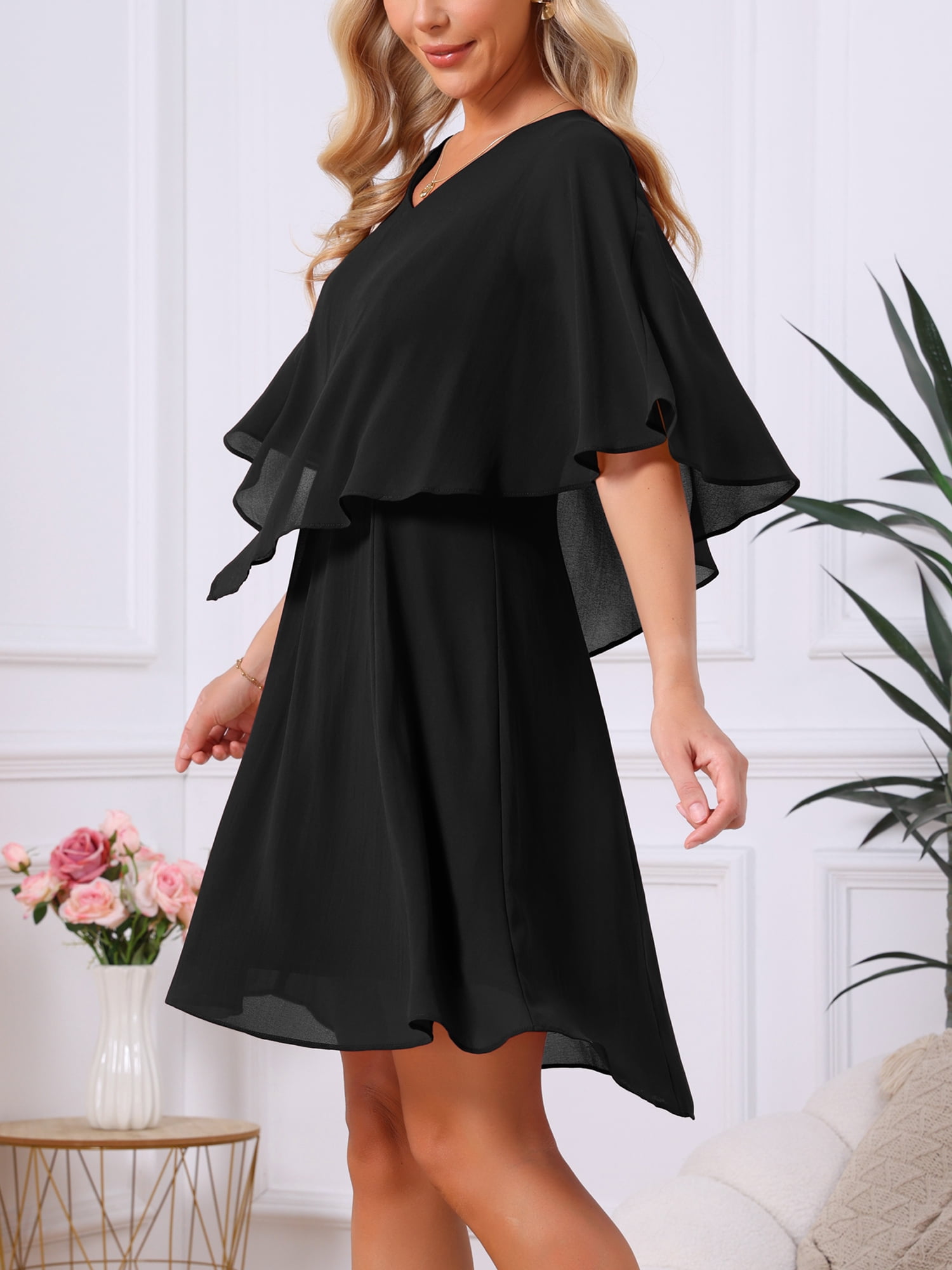 DARING DIVA Women's Chiffon Half Sleeve V Neck Wedding Guest Dress XL Black