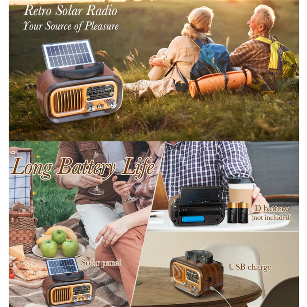 RX-628BTS AM FM Radio Operated By USB Cable/Solar Panels Rechargeable Excellent Reception Portable Radio Multi-function Retro Speaker Radio For Senior Running Walking Home