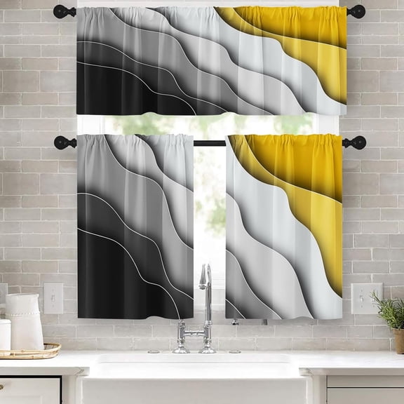 36 Kitchen Curtains Abstract Black White and Yellow Window Curtains and Valances Set of 3 Modern Art Background Short Tier Curtain Vintage Small Kitchen Decor