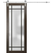 Sturdy Barn Door 28 x 80 inches | Planum 2112 Chocolate Ash Frosted Glass | Stainless Steel 6.6FT Rail Hangers Heavy Set | Solid Panel Interior Doors