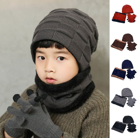Dengjunhu 3Pcs/Set Boys Beanie Hat,Fleece Lined Hat Scarves Gloves for Toddler Boy Girls Children, Winter Warm Knit Cap for Little Kids
