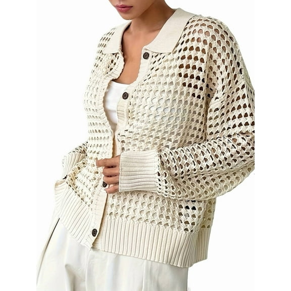 Women'S Crochet Cardigan Sweater Cardigan Hollow Out Sweater Long Sleeve Button Down Knit Top Cream White S