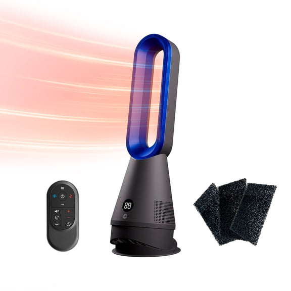 Faryuan 3-in-1 Bladeless Tower Fan & Space Heater with Filter, 80° Oscillating 10-Speed Cooling Fan with Remote, 9H Timer for Large Room, Blue