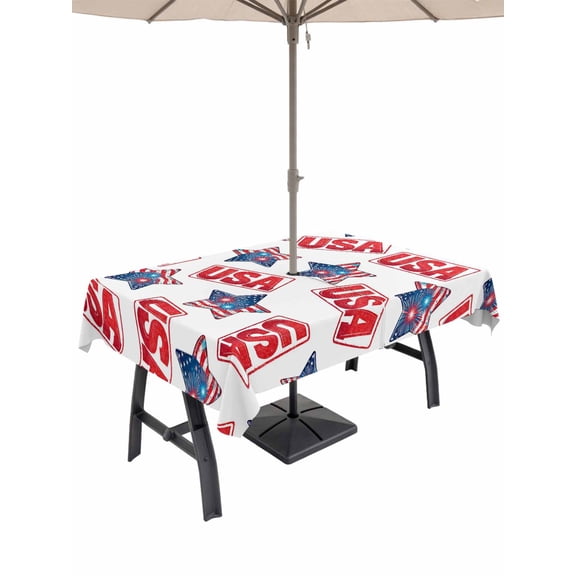 Outdoor Tablecloth with Umbrella Hole for Patio/Picnic/Party/Camping, Anniversary Waterproof Table Cloth Rectangle Table Cover Washable, 4th of July America Freedom Patriotic (52"x 70")