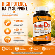 Sunshine Naturals Vitamin D3 10000 IU (250 mcg) Softgels, Vitamin D Supplement for Bone & Immune Health, 100 Count per Bottle, 3 Pack