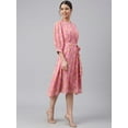 thumbnail image 5 of Janasya Pink Georgette Floral Print Casual A-line Cuffed Sleeves Round Neck Loose Midi Dress With Belt, 5 of 7