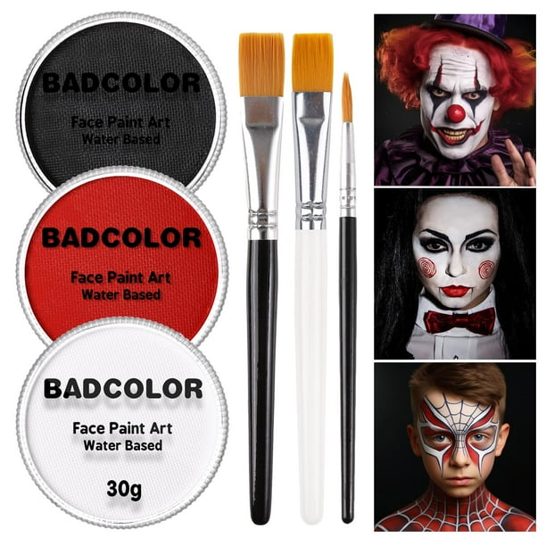 Set de pintura facial y corporal BADCOLOR blanco, negro y rojo con pinceles