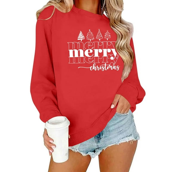 HOMBOM Womens Christmas Sweatshirt Classic Merry Print Crewneck Festive Holiday Pullover Casual Gift