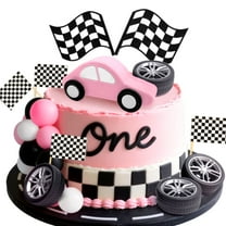 Pink Car Race Cake Decor Set - Cute Sporty Party Supplies