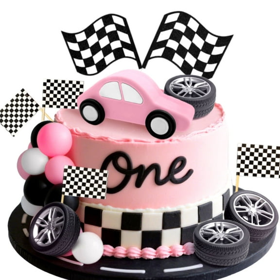 Pink Car Race Cake Decor Set - Cute Sporty Party Supplies