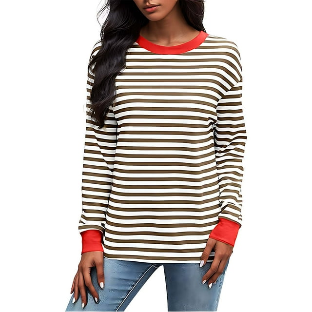 RXIRUCGD Haut à Manches Longues pour Femme, Ample et Décontracté, à Rayures, à Blocs de Couleur, Col Rond, Café, Taille : TG