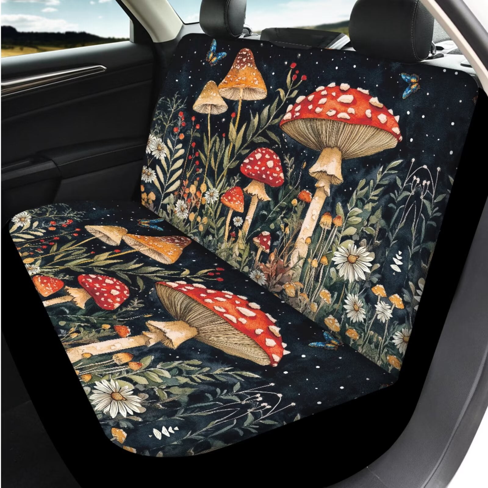 Garronmavis Cute Mushroom 14 Pcs Car Accessories Full Set with Car Head Rest Cover Steering Wheel Protector Armrest Cover and Seat Belt Covers Full Coverage Universal Fit for Auto Cars SUV