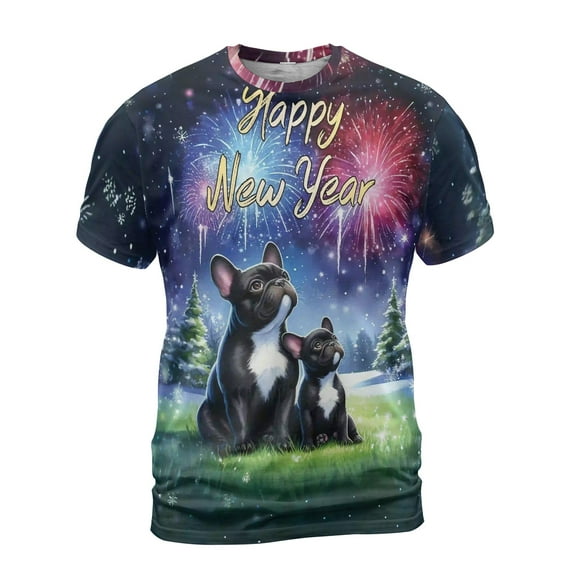 Happy New Year French Bulldog Family Cheer Winter Midnight Firework All Over Print 3D Shirt Unisex Merch Dog Lover Gifts - 02025