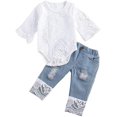 thumbnail image 1 of Newborn Baby Girl Lace Clothes Infant Boho Romper + Ripped Denim Jeans Outfits, 1 of 7