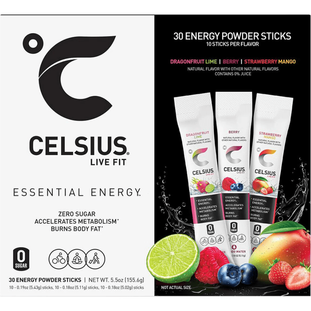 CELSIUS On The Go Energy Powder Sticks 30ct (Zero Sugar, 3 Flavors) + 4 MIM Mints