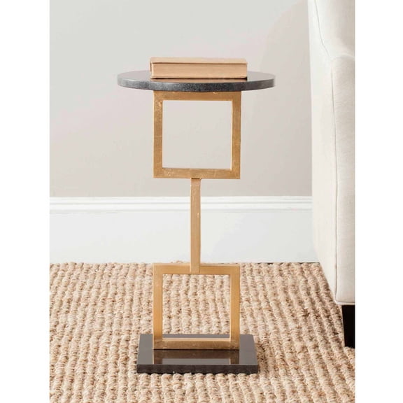 SAFAVIEH Cassidy 23 in. H Round Top Square Base Iron Accent Table, Gold/Black Marble