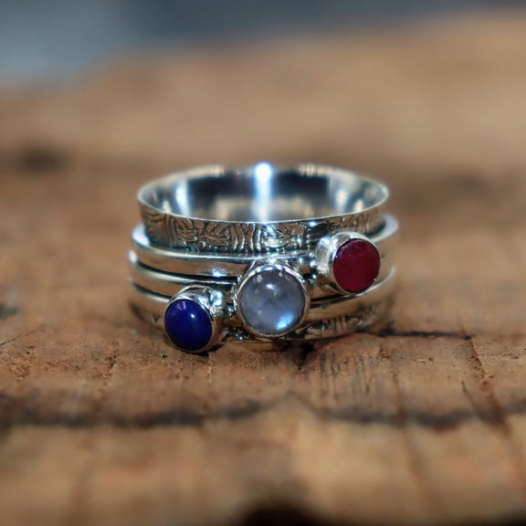 Moonstone With Garnet Spinner Ring, 925 Sterling Silver Ring, Wide band Ring, Lapis Lazuli Ring, Hammered Ring, Bohemian Ring, Gift For Her,