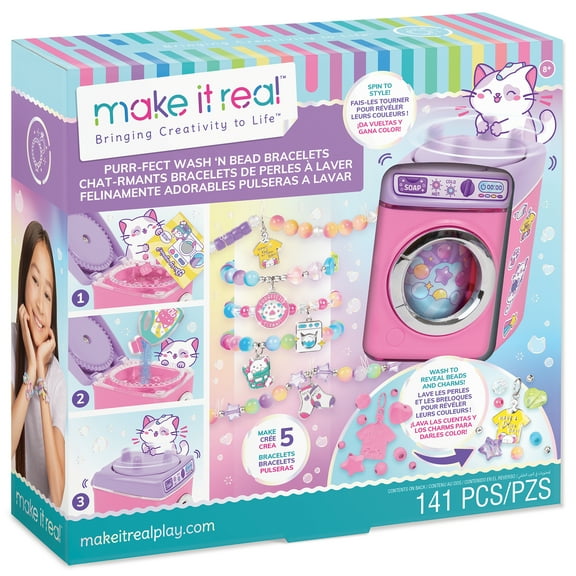 Make It Real: Purr-fect Wash 'N Bead Bracelets - 141pc, DIY Jewelry Craft Kit, Design-Make 5 Charm Bracelets, Spin To Style, Bead Cleaning, Kids 8 