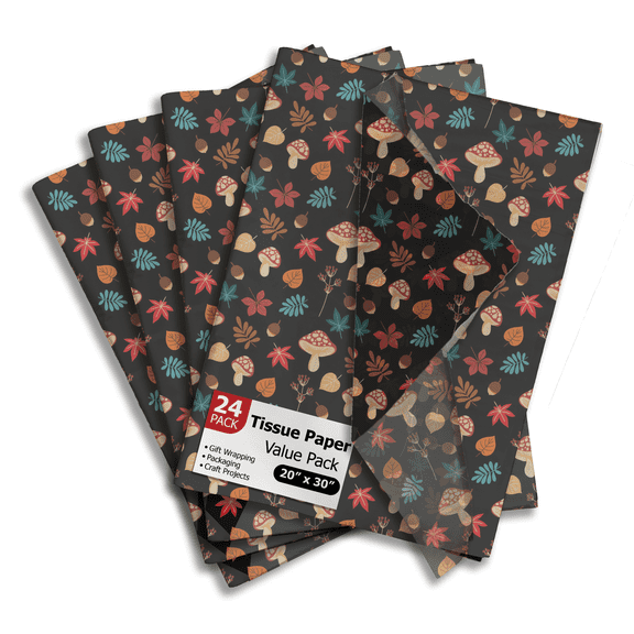 Fall Medley Printed Tissue Paper for Gift Bags or Boxes and Wrapping - Autumn Mushrooms Bulk Decorative Art Tissue Paper for Packaging and Gifting | 24 Sheets 20" x 30"