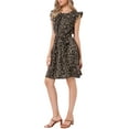thumbnail image 4 of INSPIRE CHIC Leopard Ruffled Sleeve Dress for Women's Round Neck Flowy Belted A-Line Dress XS Brown, 4 of 6