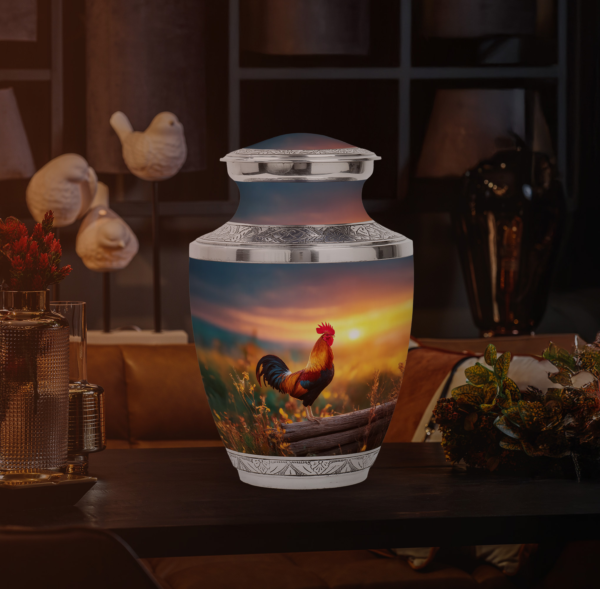 Yatskia Sunset Rooster Urns for Human Ashes Adult Man, Mini Decorative Urns for Adult Ash, Large Burial Urn for Ashes for Women, (Tasty 10 Inch and 3 Inch)
