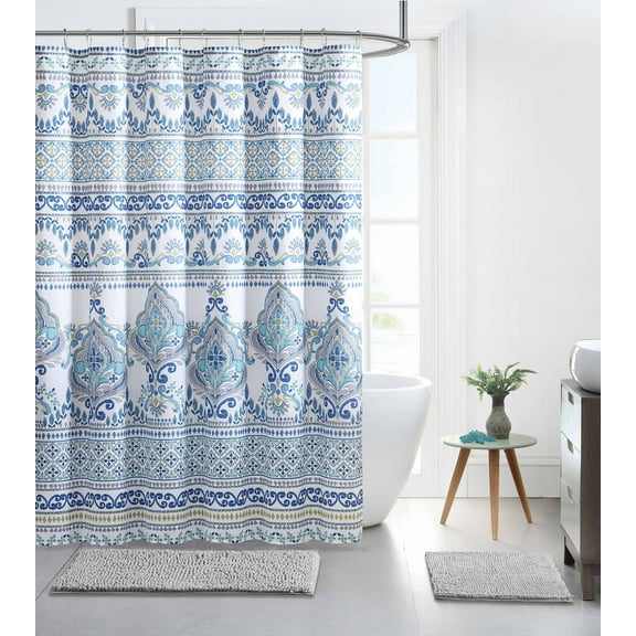 White Fabric Shower Curtain Blue Gold and Gray Moroccan Design with metal roller ball hook set. 72IN x72 IN