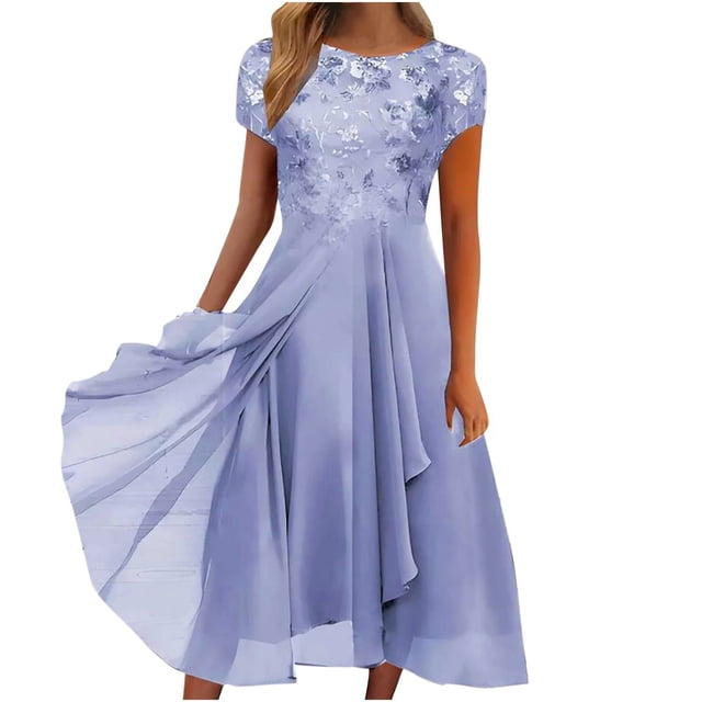QJUHUNG Robe Midi Formelle pour Femmes Soirée Été Col en V Manches Courtes T-Shirt Soirée Invité de Mariage Style Asymétrique B-8 Cocktail Gris_i L