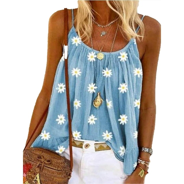 HIMONE Daisy Print Spaghetti Strap Blouse Funny Cute Vocation Cami Vest Summer Tank