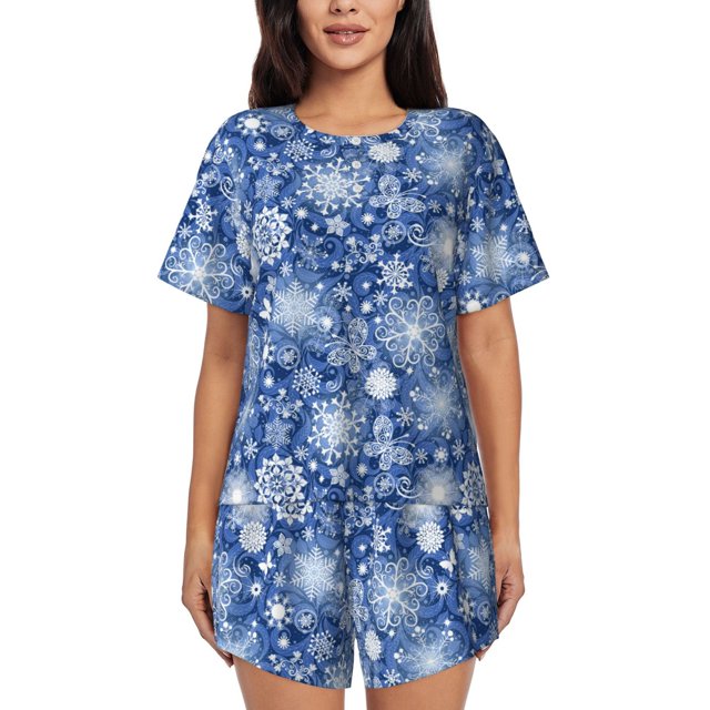 Fotbe whiet Snowflake blue background Conjunto de Pijama Estampado para Mujer, 2 Piezas, Ropa de Dormir con Camiseta de Manga Corta y Shorts Suaves-Medium
