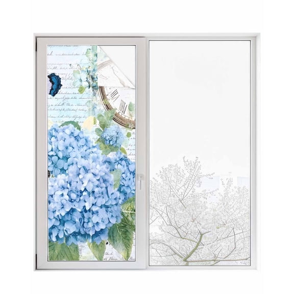 Window Privacy Film Blue Vintage Hydrangea Stained Glass Window Film Decorative Sun Block Window Cover Spring Rustic Clock Butterfly Window Clings Static Adhesive Sticker for Bathroom 23.6"x59"