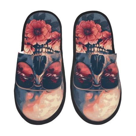 Balery Skull With Roses And Sunglasses Slient Indoor Furry Fleece Comfort House Shoes Soft Non-Slip Home Shoes Cotton slippers House Slippers-- Large