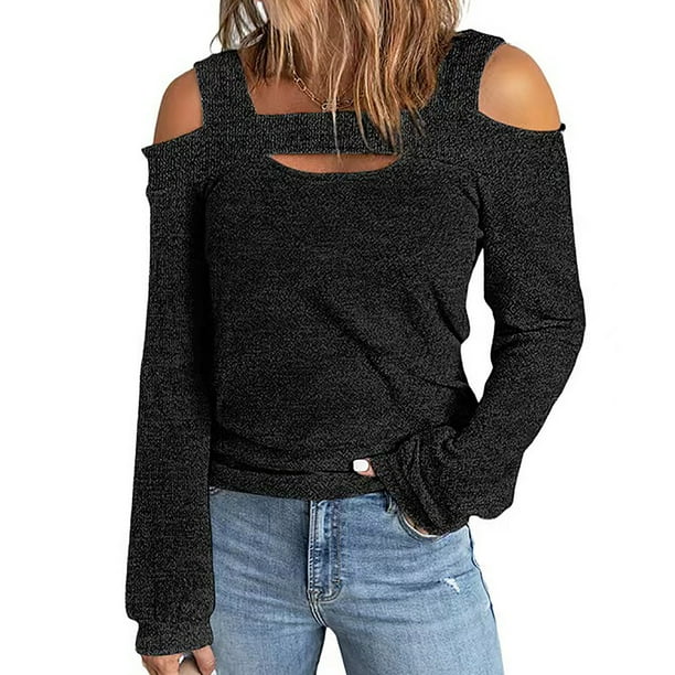 ICHUANYI Clearance Women's Cusal Round Neck Leaky Shoulder Long Sleeve Lightweight Sweatshirts Solid Color Hedging Tops(Black, M) ICHUANYI WER2023081201569