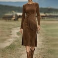 thumbnail image 2 of CIENVNSTG Dresses for Women Suede Retro Western Round Neck Slim Fit Long Sleeved Party Dress Brown L, 2 of 7