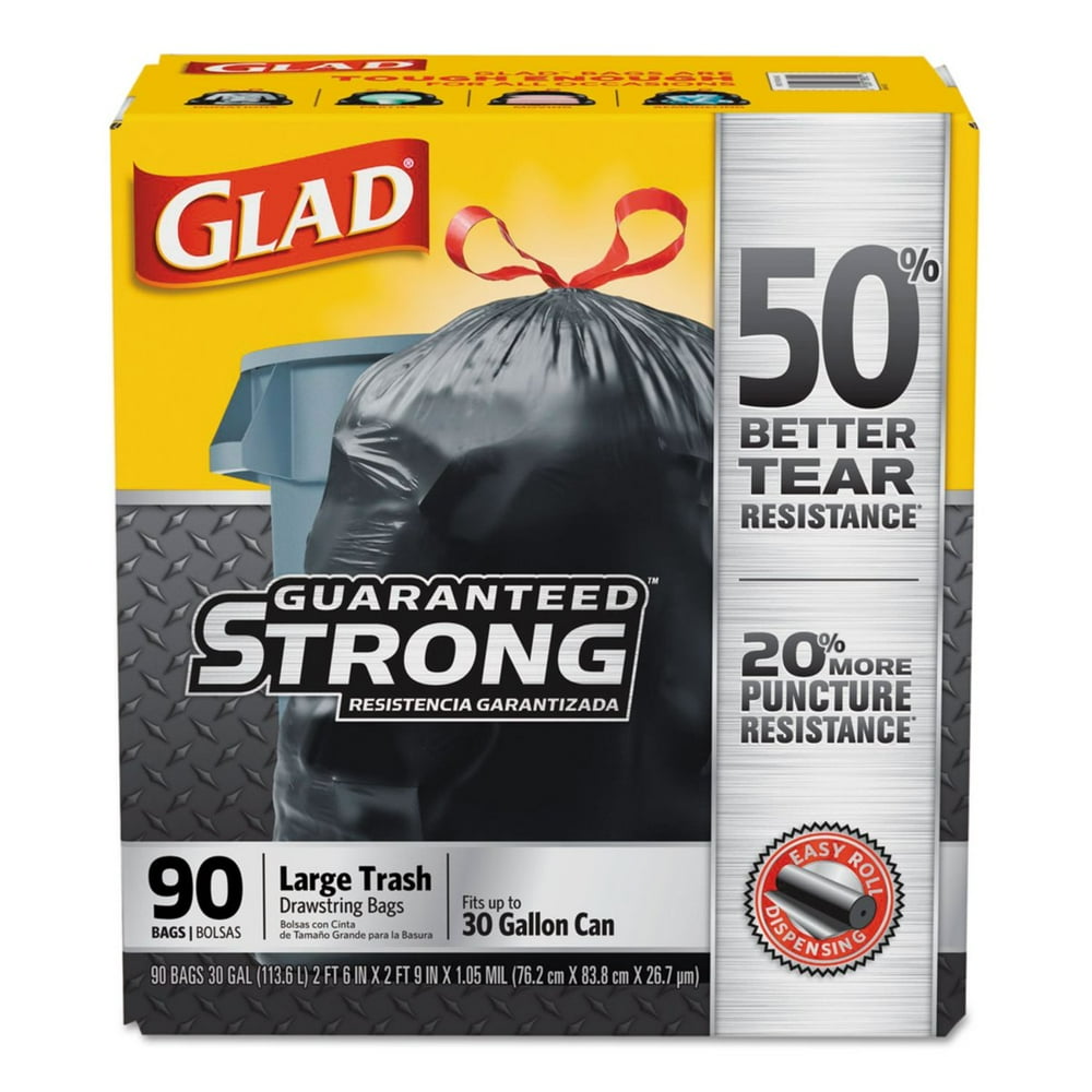 Glad Drawstring Large Trash Bags, 30 Gal, 1.05 Mil, 30" X 33", Black
