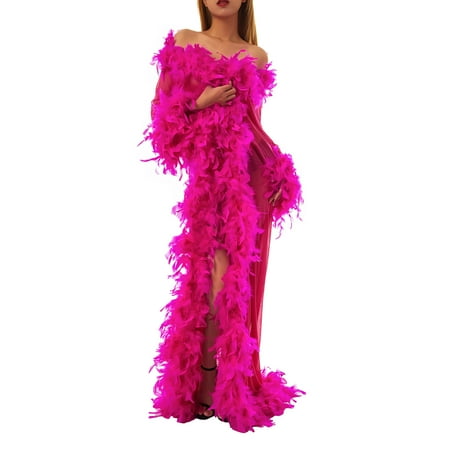 

Women Long Sleeve Feather Bathrobe Sheer See Through Lingerie Kimono Bridal Robe Cover Up with Fur
