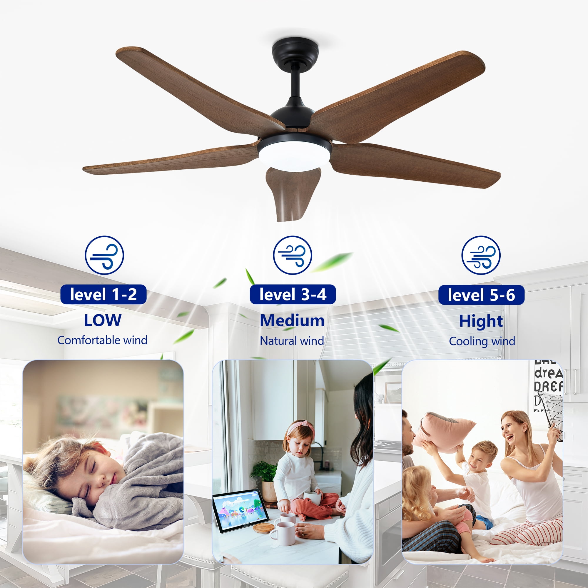 Leumius 52" Ceiling Fan with Light, Quiet DC Motor Ceiling Fans 6 Speed Levels,Reversible Ceiling Fan for Patio Living Room Bedroom Black