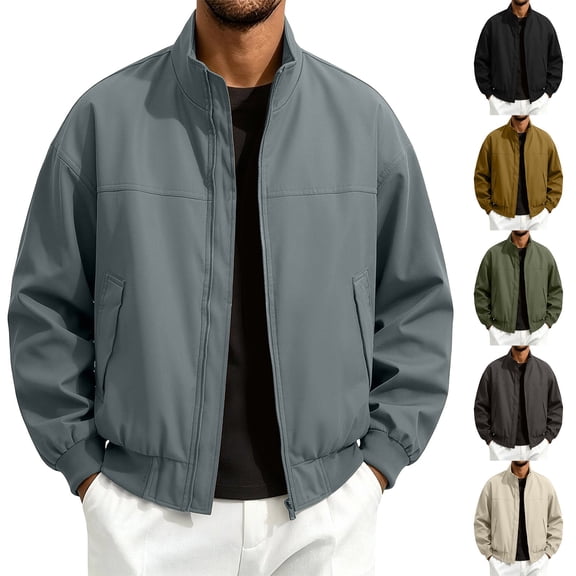 Zynoxe Plus Size Windbreaker Jackets for Men with Pockets & Elastic Cuffs Hem Classic Stand Collar Zip Up Jackets Loose Long Sleeve Bomber Jacket Fashiona Solid Color Motorcycle Trench Coat