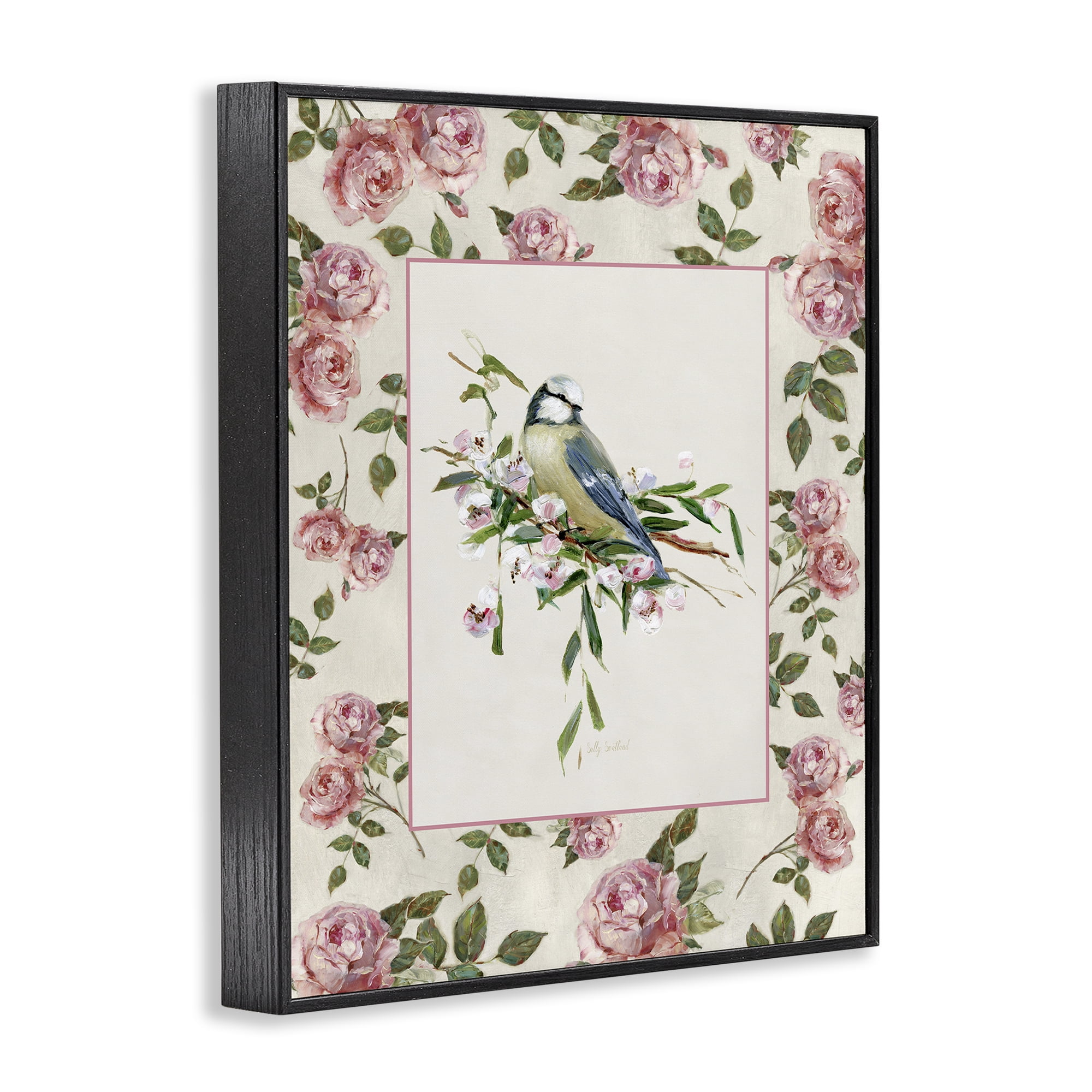 Stupell Industries Dainty Roses & Perched Bird Black Framed Giclee Art, design by Sally Swatland