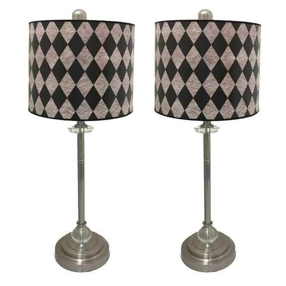 Royal Designs 28" Crystal and Brushed Nickel Buffet Lamp with Vertical Black Diamond on Grey Papyrus Design Hard Back Lamp Shade, Set of 2