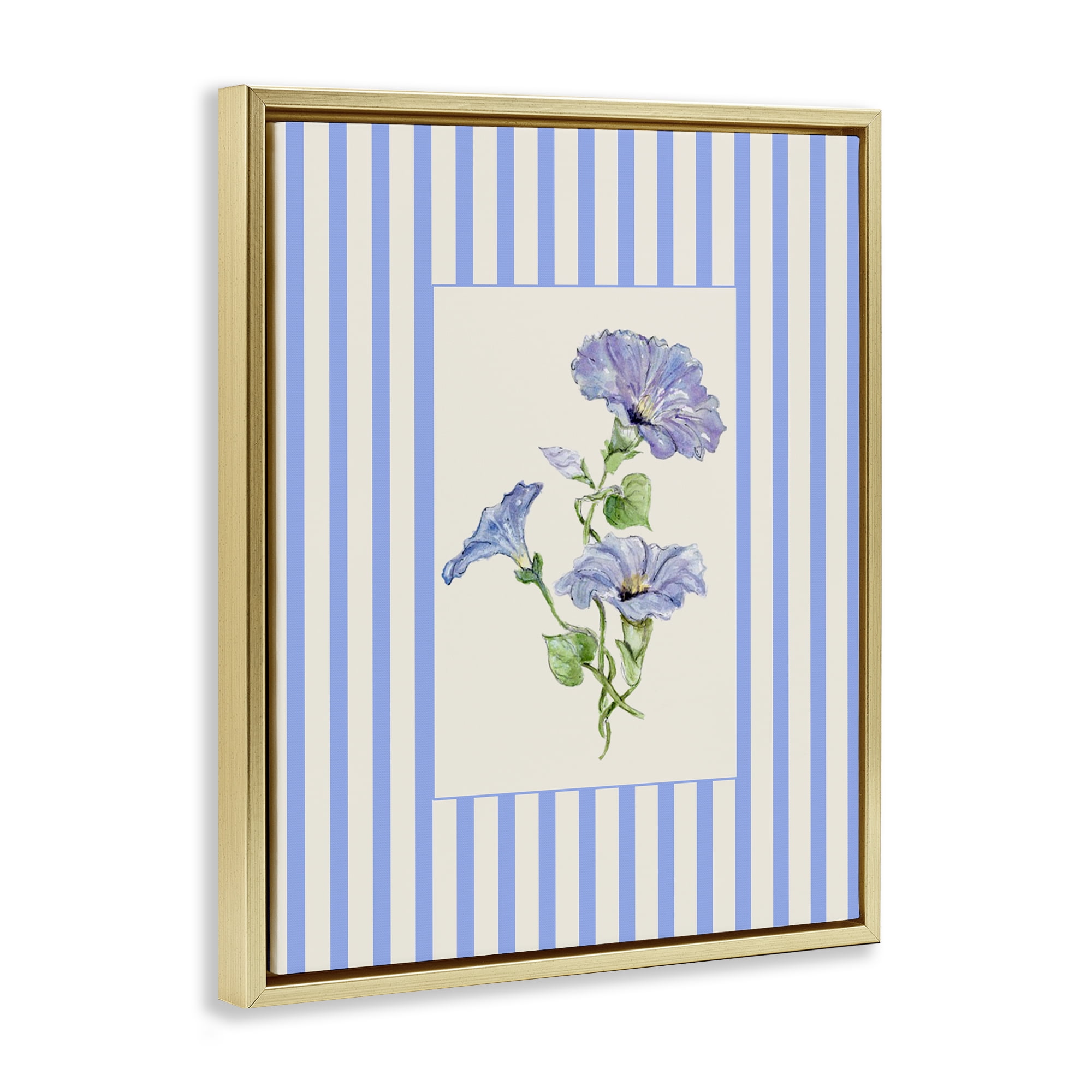 Blue Stripe Morning Glory Gold Framed Floater Canvas Wall Art, design by Lisa Wehmeyer