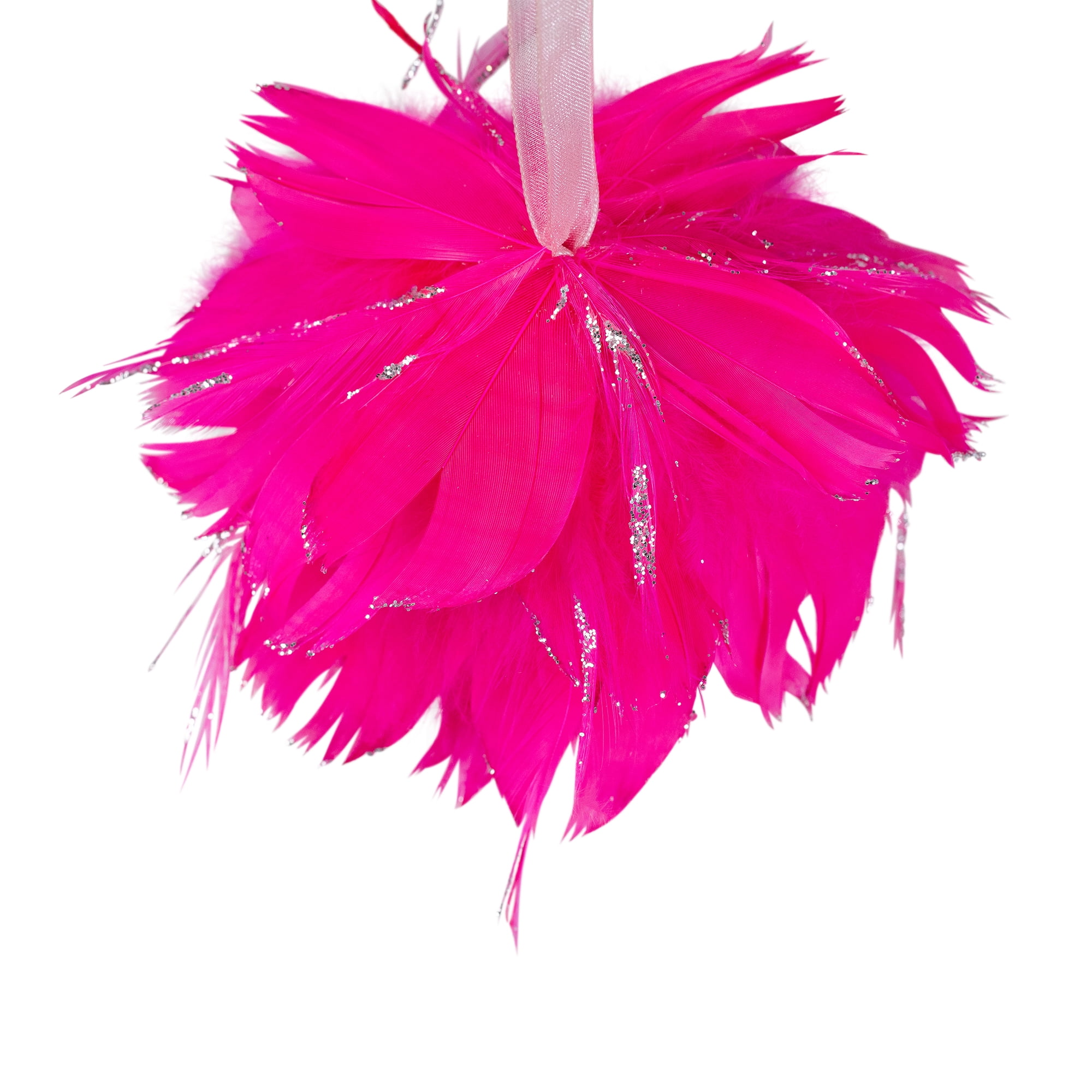 Glittered and Feathered Ball Christmas Ornament - 4" - Hot Pink