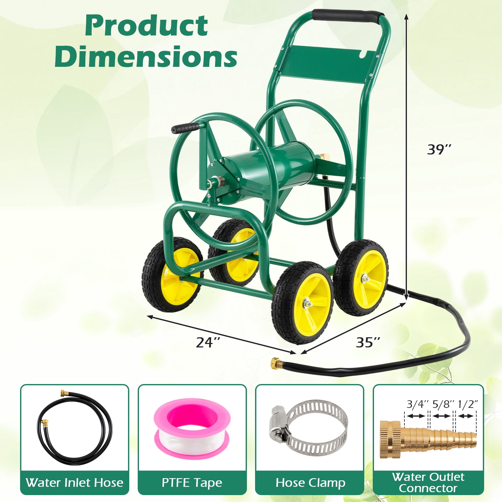 Costway Garden Hose Reel Cart 4 Wheels, 330 ft 5/8” Large Capacity for Outside Yard Lawn Green