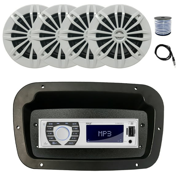 Pyle PLRMR23BTW Single DIN Bluetooth Marine MP3 Stereo Receiver, Spa bezel, Adapter Plate, 22" Radio Antenna, Wire, 4x 6.5" 180 Watt Max Power 2-Way Water Resistant Audio Speakers (White)