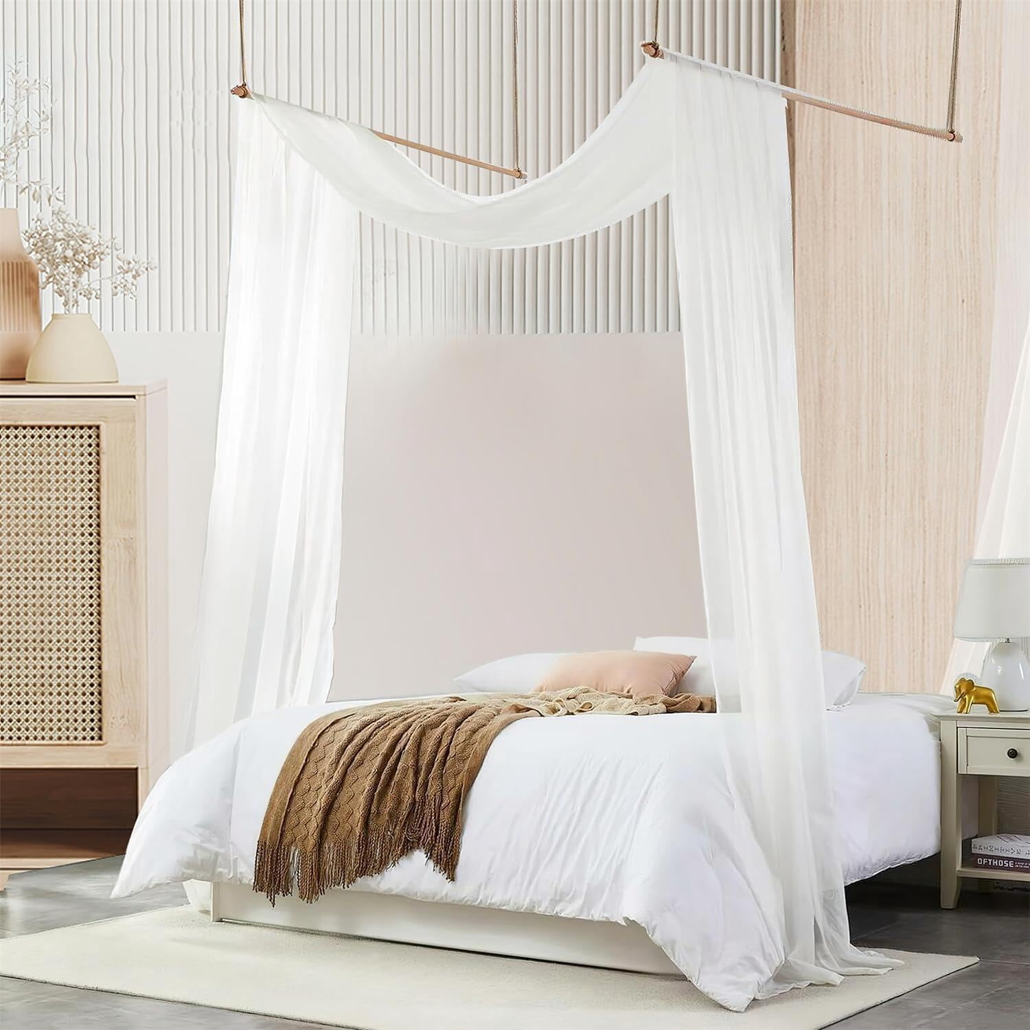 Bed Canopy for Girls with Lights 30 * 228in King Canopy Bed Curtains for Queen & Full Bed White Tulle Canopy Bed Scarf,Sheer Bed Drapes,Twin King Canopy Bed Home Decor (White)