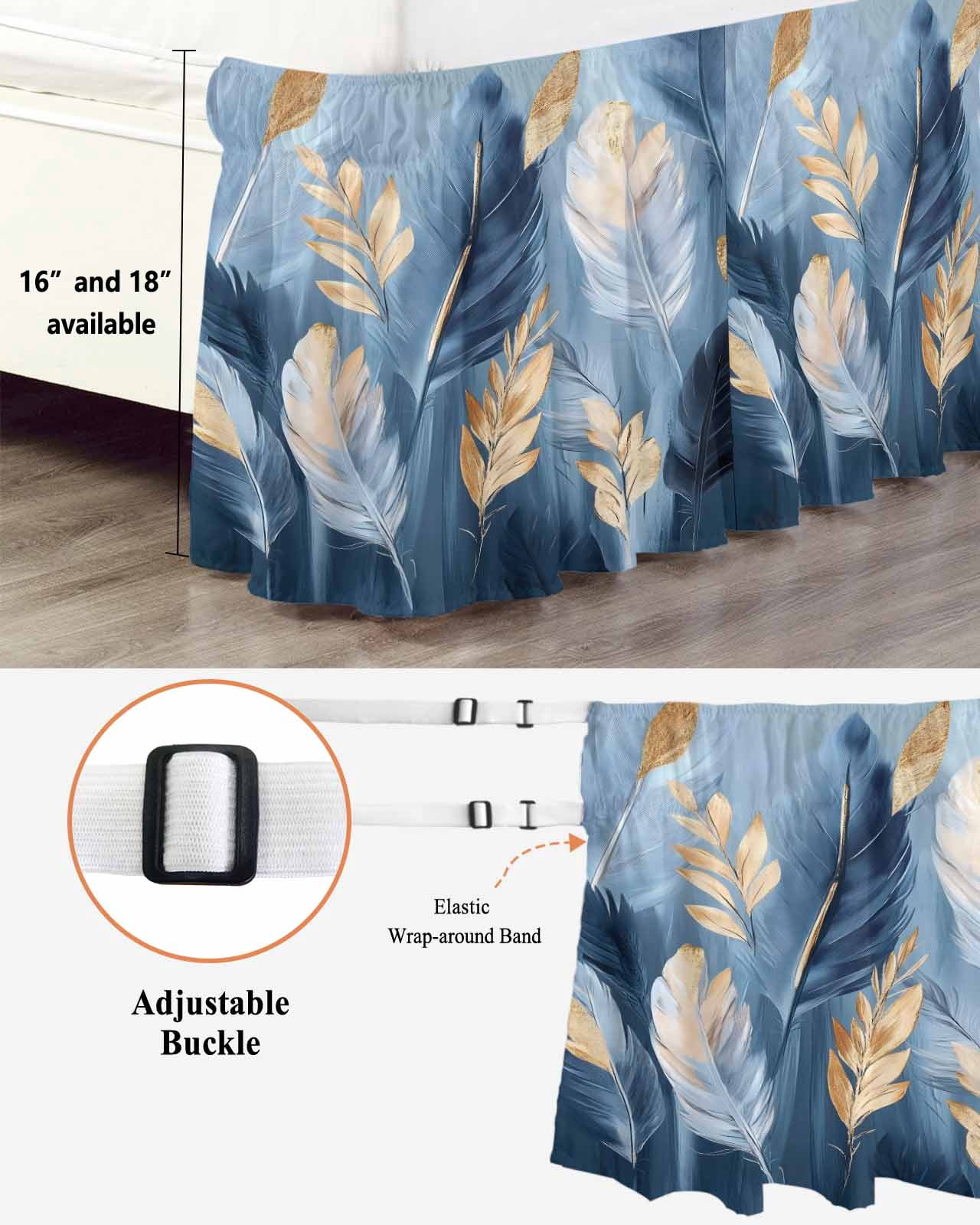 Blue Gold Feather Wrap Around Bed Skirts for Queen Bed 16" Drop,Bed Skirt with Adjustable Elastic Belt Dust Ruffle Bed Valance for Bedroom Hotel Modern Oil Painting Gradient White Bed Frame Cover