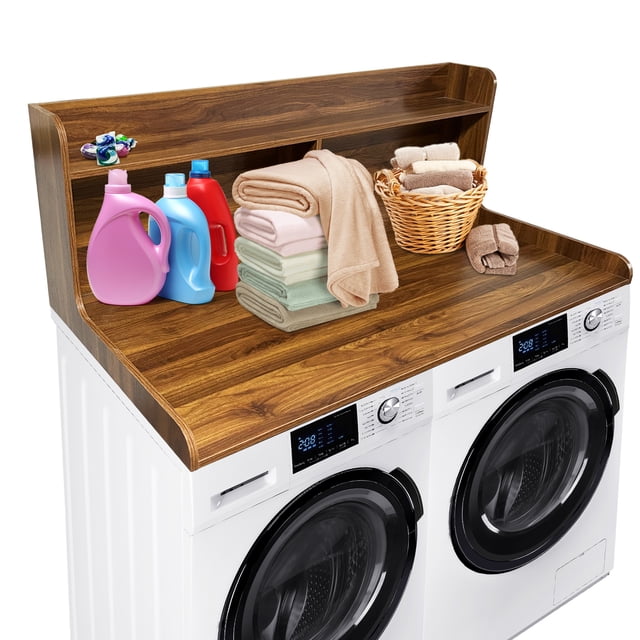 2-Tier Waterproof Wood Washer and Dryer Countertop Shelf - 54x27.5" Laundry Organizer with Raised Edge Rails, Anti-Slip Pads, Spacious Storage - Wood Color
